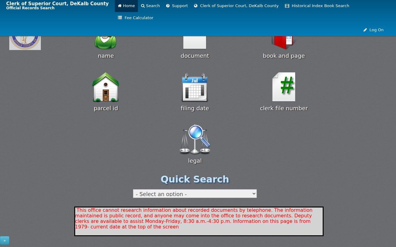 DeKalb County Landmark deed index search modes