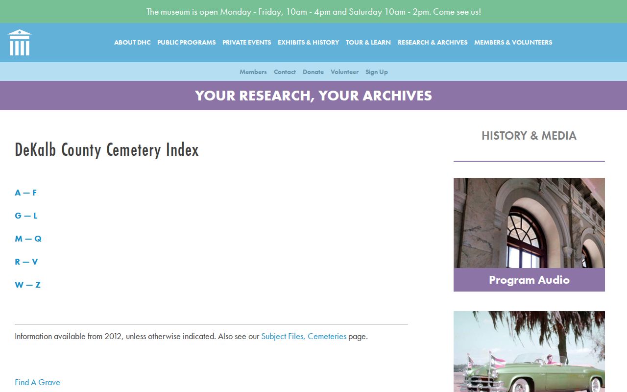 DeKalb History Center county cemetery index